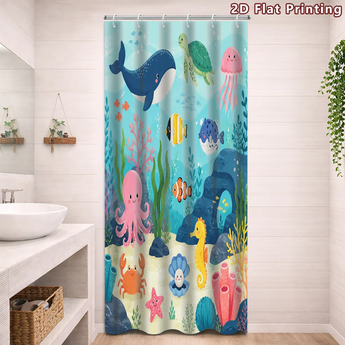 Kids Ocean Shower Curtain, Vivid Underwater Coral Sea Animal Art Design For Playful Cheerful Household Bathroom Use Case
