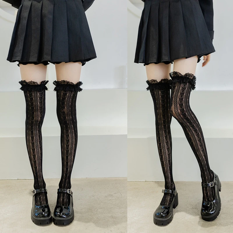 

Black And White Lace Lolita High Tube Thigh Knee Socks Female Cute Long Tube Love Lace Japanese College Style Stocking