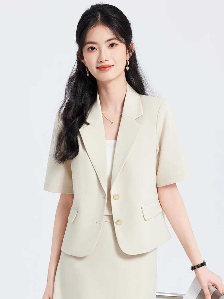 

Женский приталенный пиджак с коротким рукавом, тонкий, для повседневной носки, модный, из полиэстера (96%) и спандекса (5%)