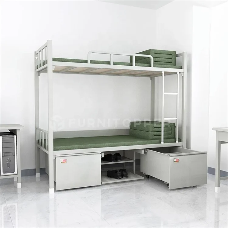 Modern Bedroom Furniture Iron Steel Double Layer Bed Metal Bunk Bed with Bottom Storage Cabinet