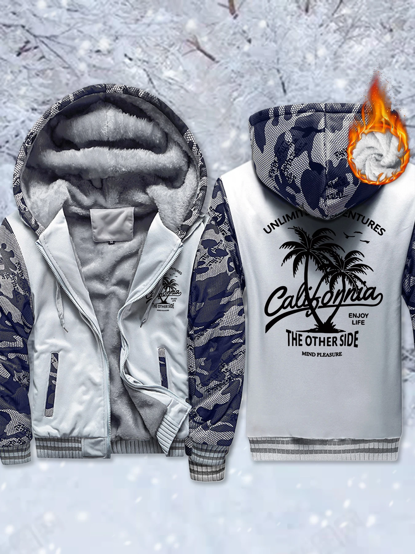 

California Unlimited Adventures Pattern Thicken Winter Jackets Mens Comfy Zip-Up Outwear Fleece Pocket Hoodie Warm Basics Coat