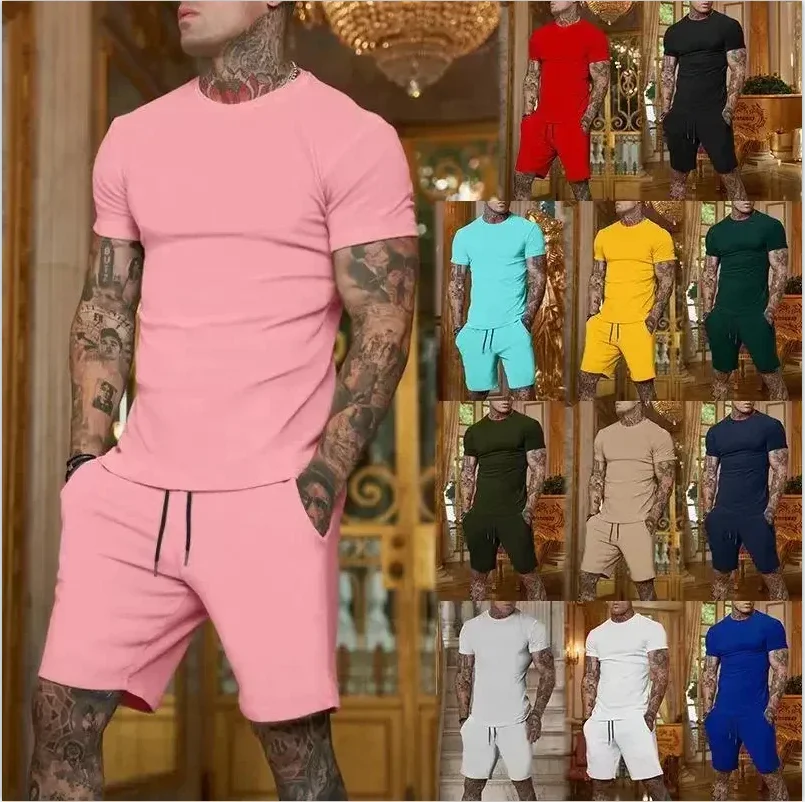 Novo 2025 verão lazer terno esportivo masculino caminhadas ao ar livre jogging masculino manga curta camiseta + shorts conjunto de duas peças