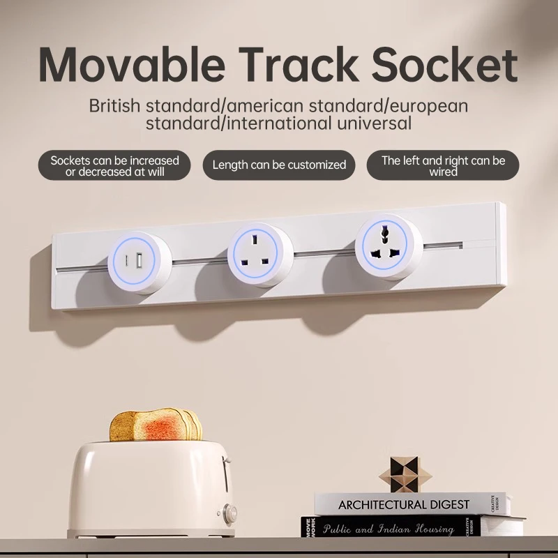 

Track Socket Kitchen Wall Outlet, FR EU US UK Universal Standard Round Romovable Adapter Plug，Electrical Outlet with USB, white