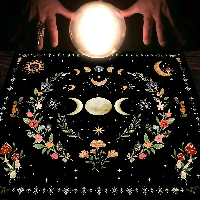 VIKAMA Moon Phase Floral Mushroom Tarot Altar Cloth Witchcraft Divination Mat Mystic Nature Ritual Tablecloth