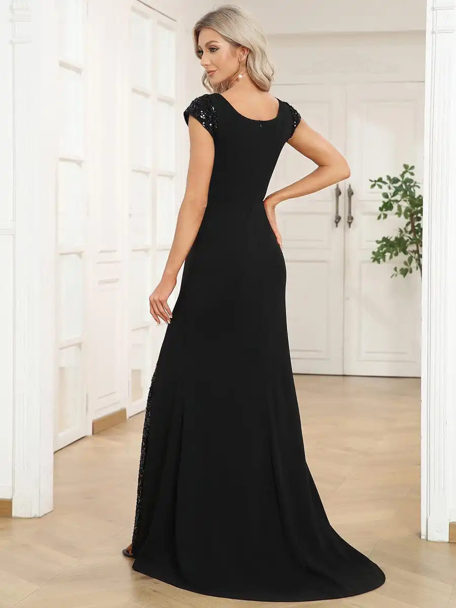 Elegant Evening Dresses Sleeveless Deep V Neck Floor Length 2025 Ever Pretty of Fishtail Shiny Black Bridesmaid Dresses