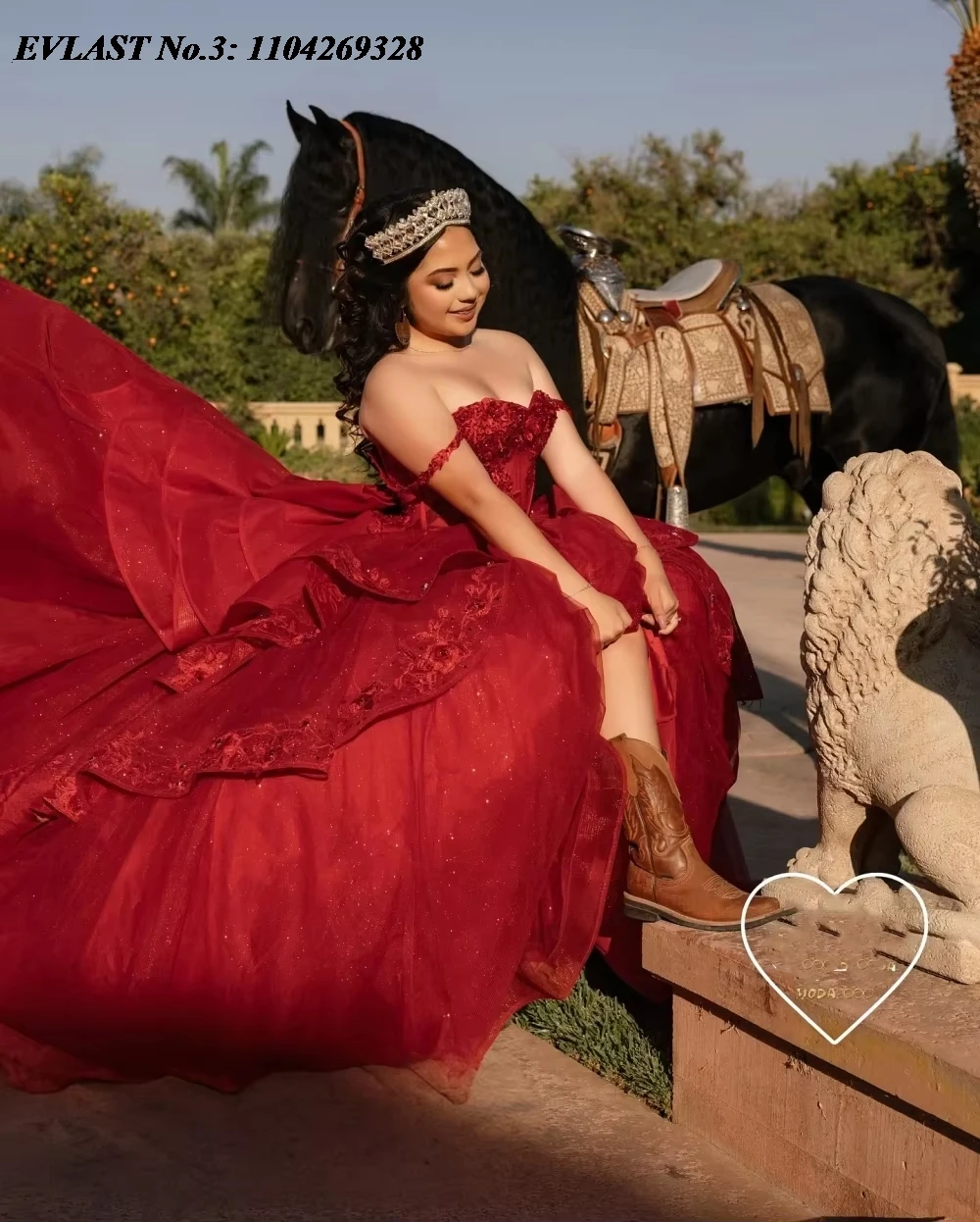 EVLAST Customized Mexican Red Quinceanera Dress Ball Gown Lace Appliques Beaded Crystal Bow Sweet 16 Vestido De 15 Anos E3Q168