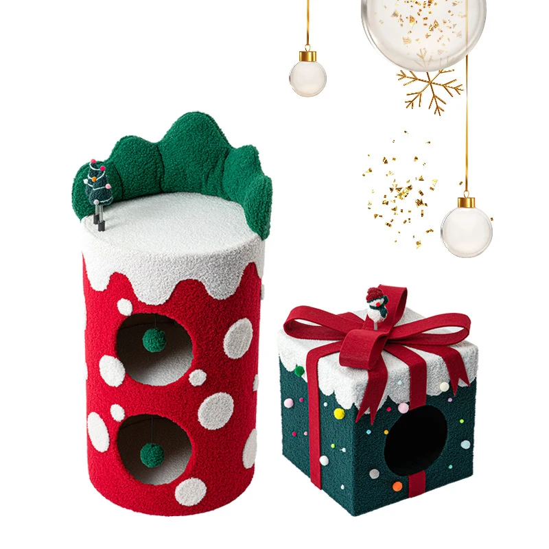 

Christmas Style Cat Climbing Frame Cat Bed Double Layer Warm Closed Sisal Cat House