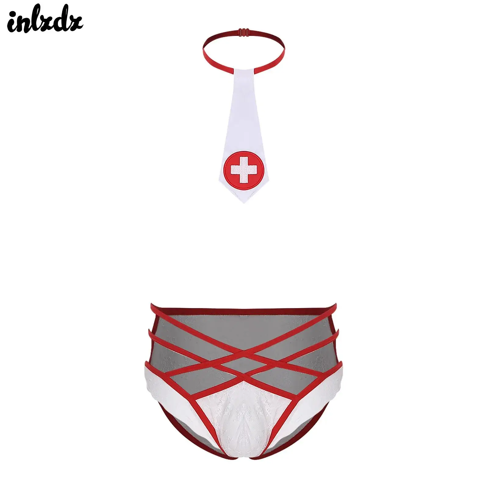 

Sexy Mens Sissy Doctor Nurse Cosplay Lingerie Costume Adjustable Necktie and Sheer Floral Lace Briefs Drag Queen 2-piece Set