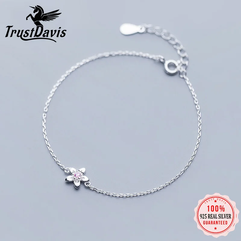 Trustdavis 925 Sterling Silver Cute Sweet Dazzling Pink CZ Flower Bracelet For Women Girls Wedding Valentine's Day Gift DT17