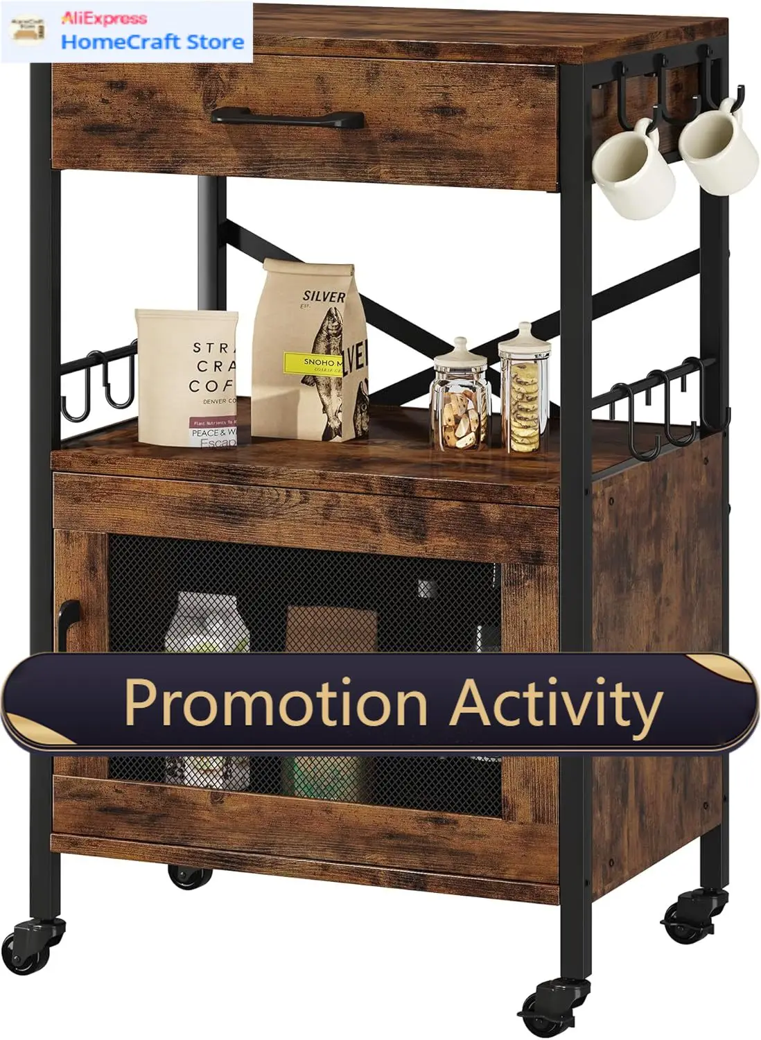 

Rolling Kitchen Island Cart Storage Cart Microwave Stand Coffee Cart Hooks Dining Room