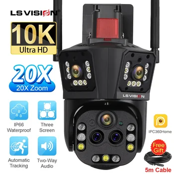LS VISION 10K UHD WiFi cámara IP al aire libre 20X Zoom óptico seguimiento automático 6K PTZ cinco lentes tres pantallas cámara de seguridad impermeable