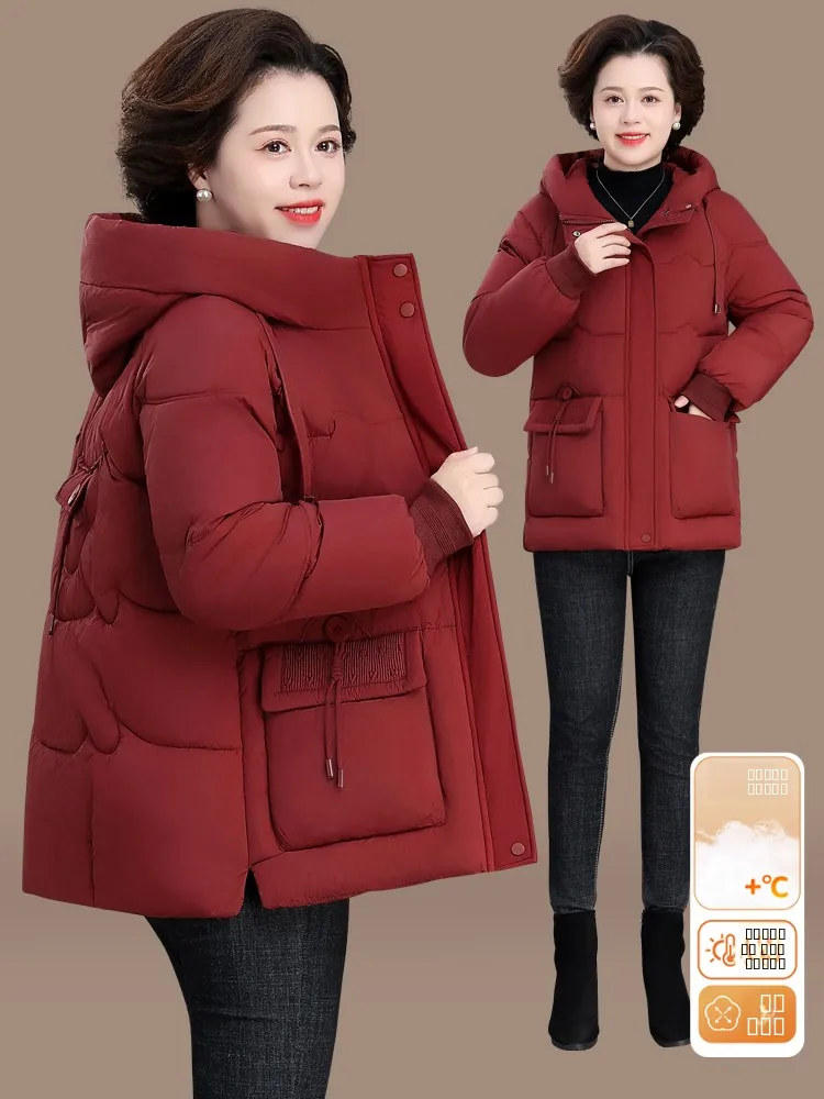 

Faionable Thiened Cotton Jaet for Women Winter 2025 New Arrival Mid-Length ort Coat with Hood for Middle-Aged Mothers