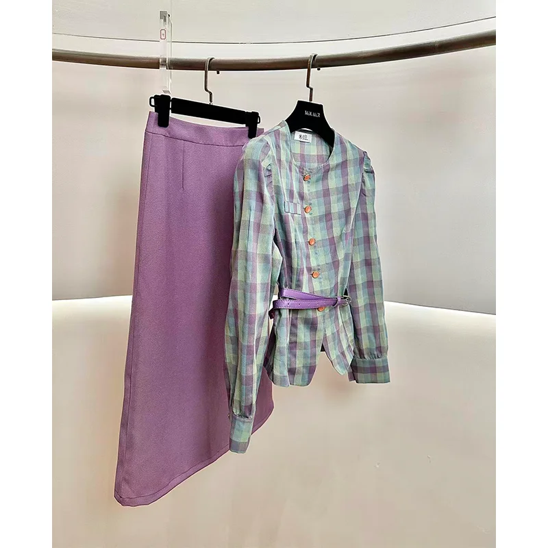 

Slimming High Waist Plaid Shirt And Half Skirt Women's Fashion Set Autumn Casual Style Two-Piece Suit Elegant Design Sense