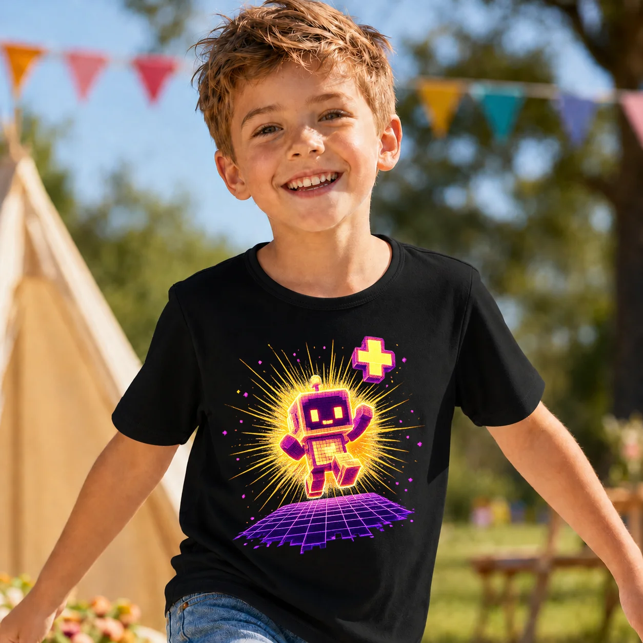 Boys Neon Pixel Robot Graphic T Shirt Kids Retro Arcade Game Print Short Sleeve Tee Summer Casual Children Black Cotton Tops