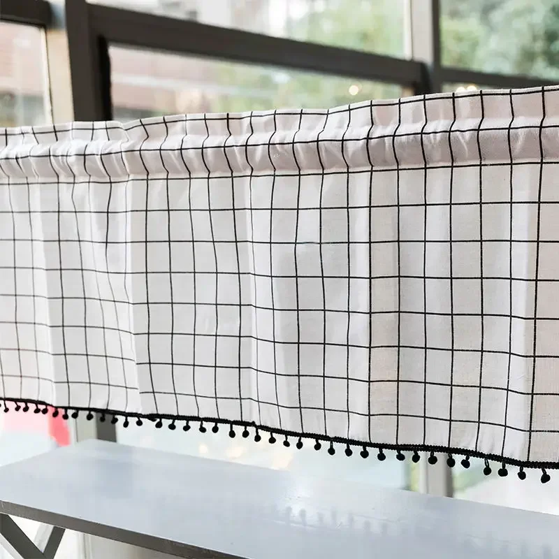 

Window Valance Short Curtain White Plaid Modern Style W140xL50cm Semi-sheer Curtains for Kitchen Rod Pocket Farmhouse Valance