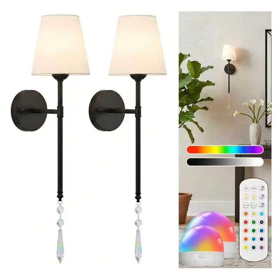 

2 PCS Battery Operated Wall Sconces Set Of Two, Rechargeable Wall Sconce Wireless Battery Wall Lamp With 15 Colors RGBCW Dimmable Magnetic Bulbs & Remote For Bedroom Living Room Hallway Decor Gold/Black