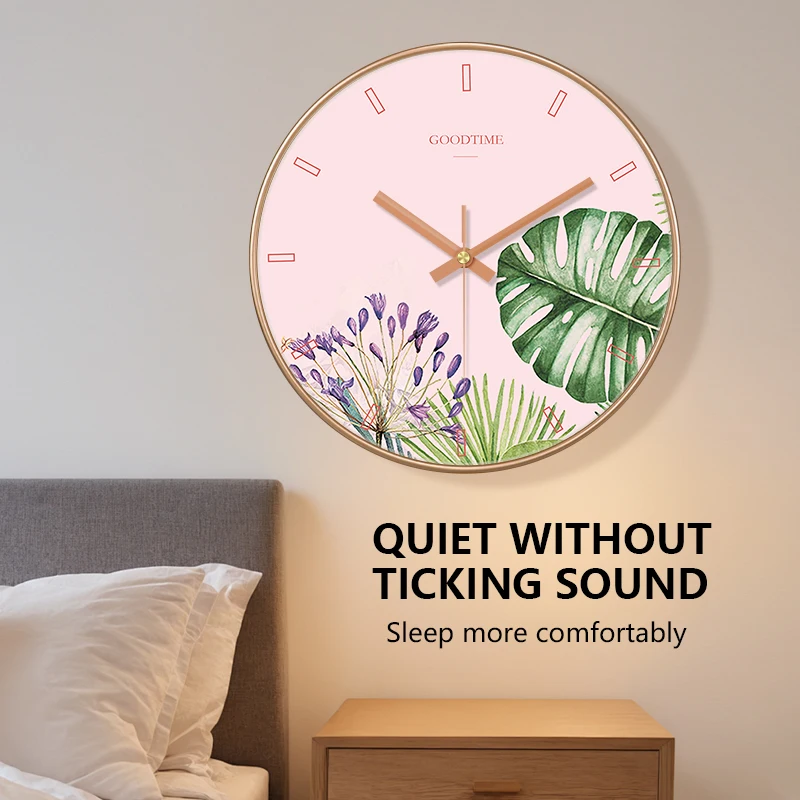 Pink Art Wall Clock Tropical Monstera Floral Loudspeaker Mute Boho Clock for Living Room Bedroom Courtyard Home Decor