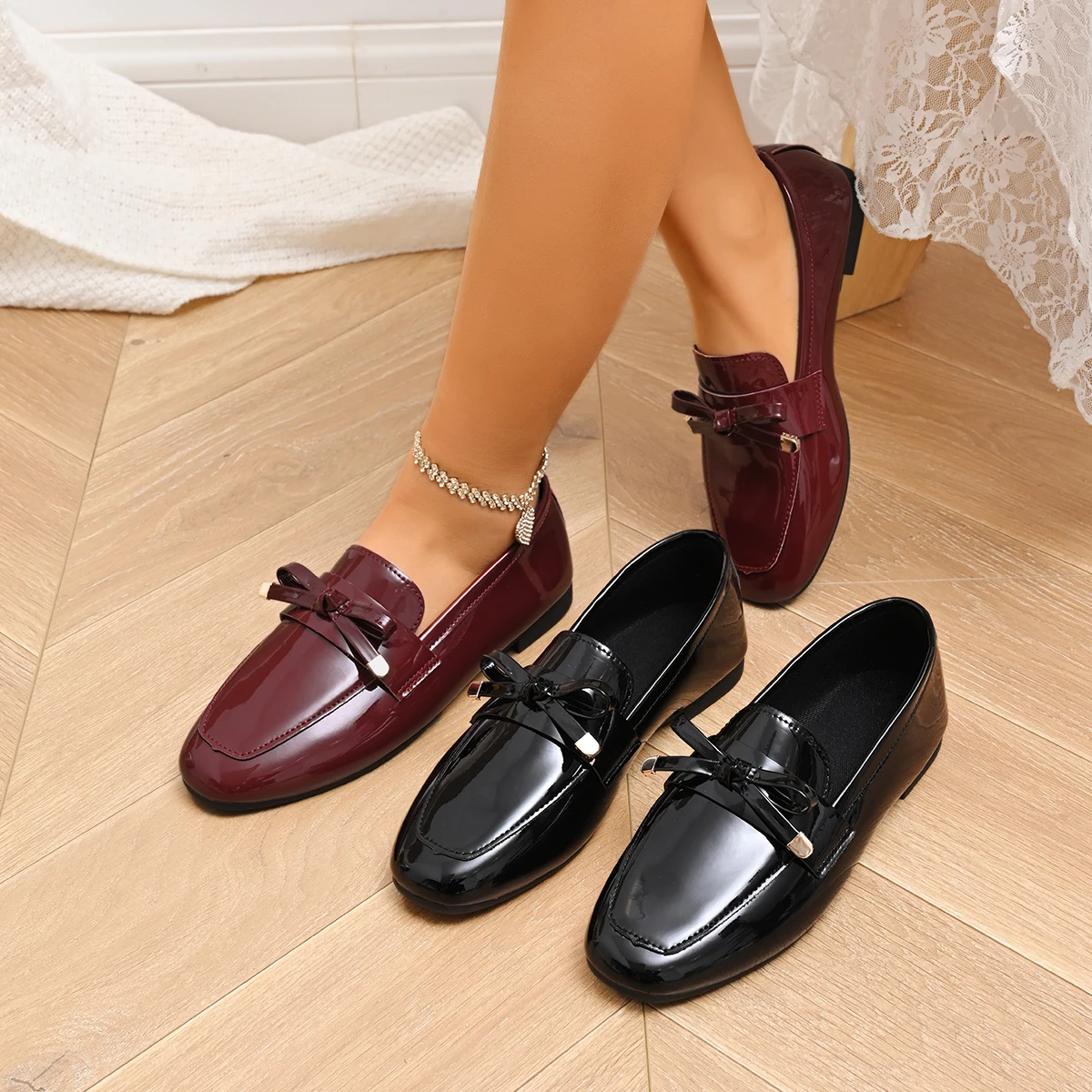 Women's Black Mary Jane Shoes PU Patent Leather Casual Women's Shoes Spring Autumn New Style Bow Sleeve Flat Shoes Large Size 43