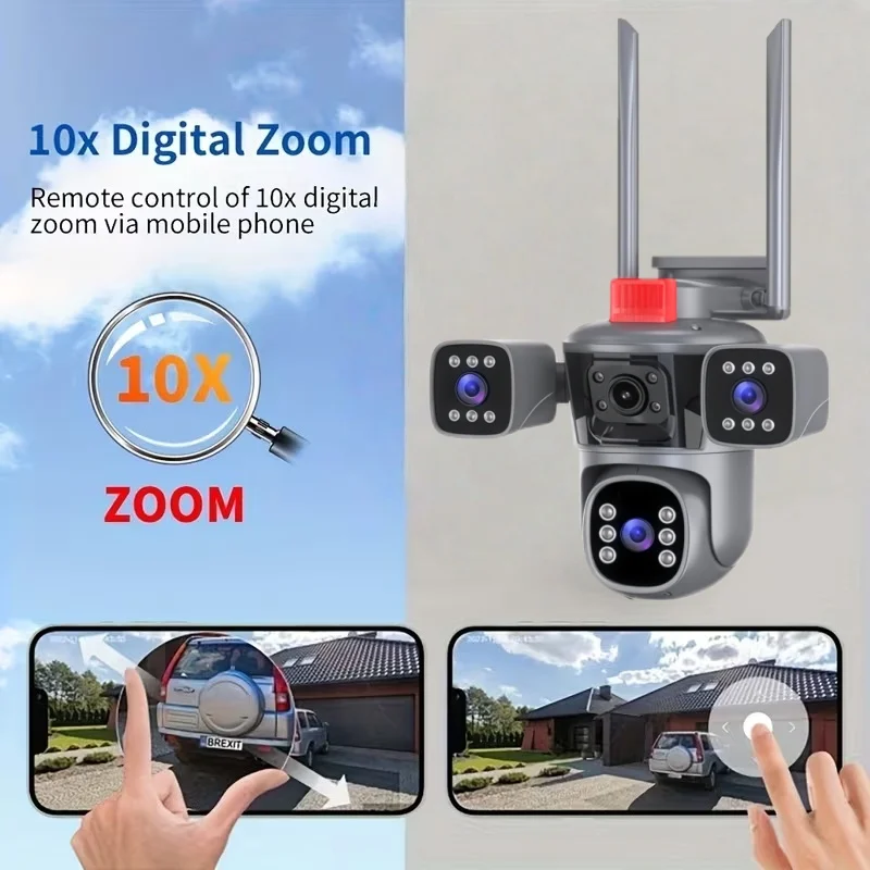 4K WiFi IP Camera 12MP Quad-Lens Screen with 10x Zoom PTZ Auto Tracking ONVIF Two-Way Audio CCTV Video Surveillance Security