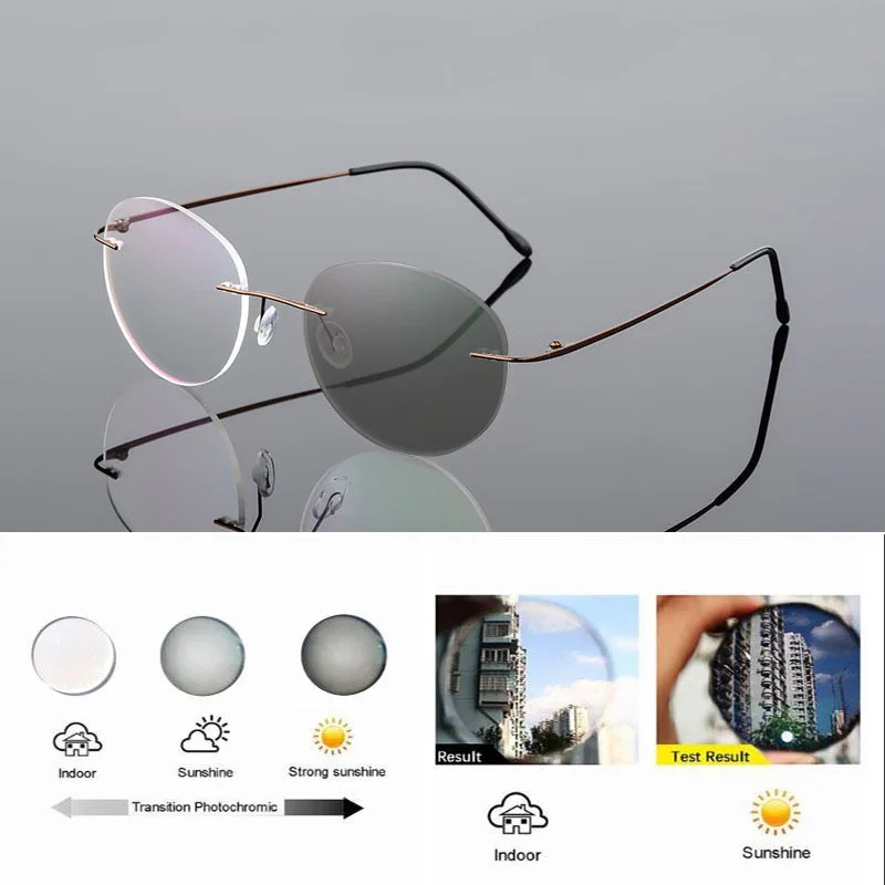 Randlose Photochrome Myopie‑Brille Titanlegierung Rund Männer Frauen Rezeptbrille Sonnen‑Farbwechsel Für Draußen – Detail 9