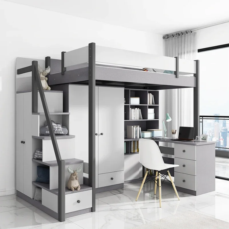 Double decker bed, upper and lower, high and low beds, supporting handrails, wardrobe style ladder cabinets, drawers, f