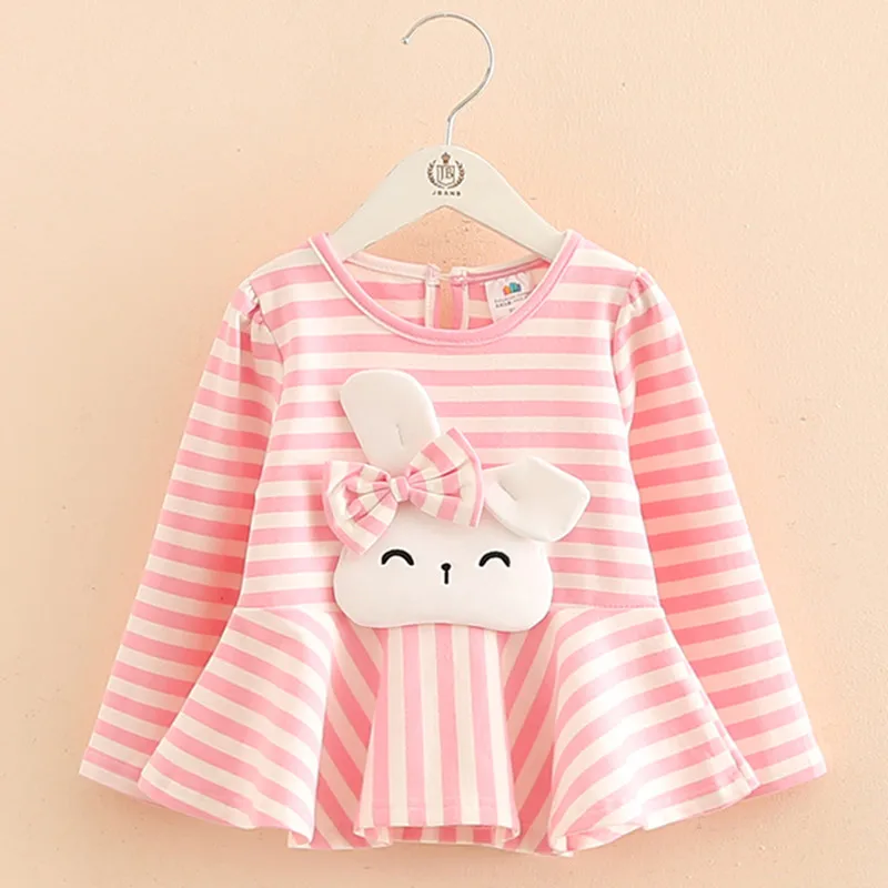 Fashion Spring Autumn 4 6 8 10 Years Long Sleeve O-Neck Cute Rabbit Bow Striped Patchwork Baby Children Cotton Kids Girl T-Shirt