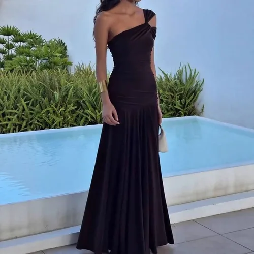 Imagen 2 del producto Vestido de cóctel plisado elegante de cintura alta, vestido largo Irregular ajustado con abertura para mujer, vestido de noche sencillo liso con espalda descubierta 2025