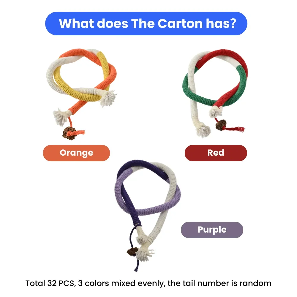 32PCS/Carton Cat Tunnel Rope Toy 3 Colors Mixed Interactive Teaser Chew Toy Durable Cotton Rope Chase Toys for Cats Kittens