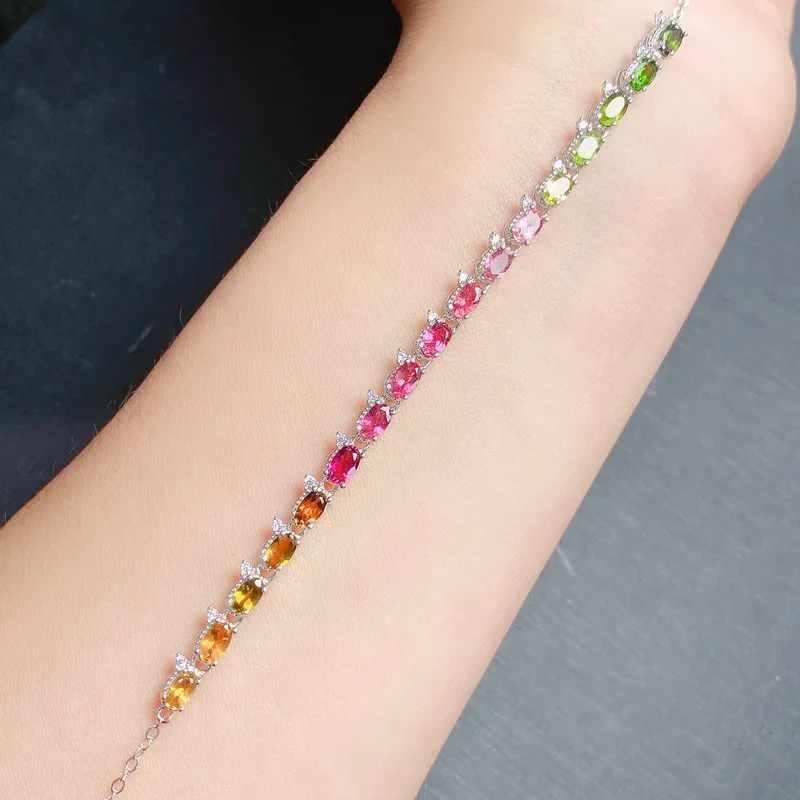 925 Sterling Silver Natural Tourmaline Simple Bracelet Gem Bracelet Ladies Wedding Jewelry 4*6 Mm Jewelry Luxury