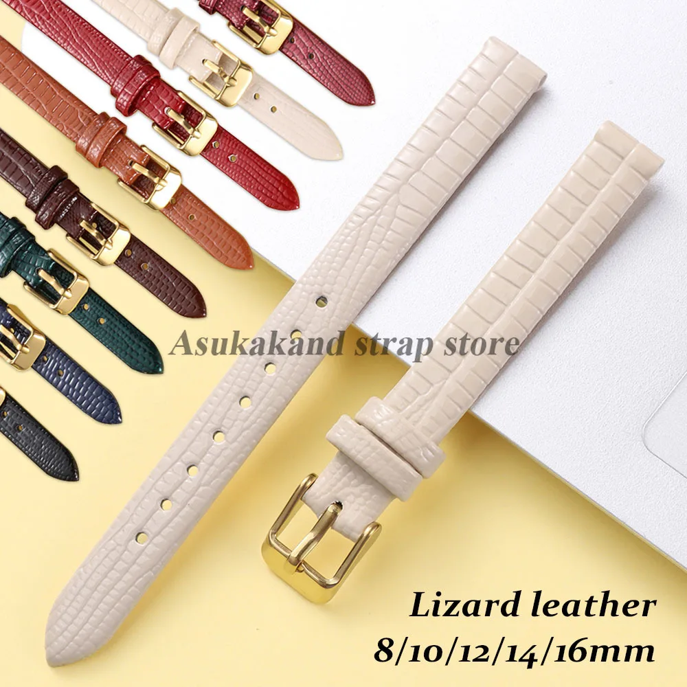 10mm 12mm 14mm 16mm Lizard-Patterned Thin Leather Watch Band Universal Women Bracelets Small Size Gold Buckle Strap Accessories