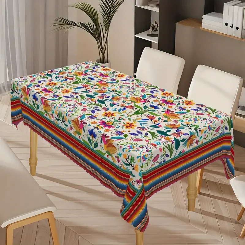 Mexican Style Floral Bird Rectangle Tablecloth Mexico Fiesta Party Decor Colorful Striped Polyester Table Cloths for Table Decor