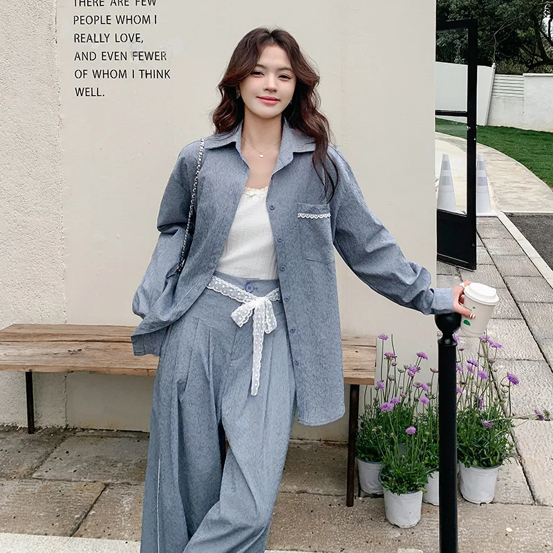 EAEOVNI Lace Patchwork Design 2 Piece Set Women Fashion Long Sleeve Shirt + Wide Leg Trousers Casual 2025 Autumn New Clothing