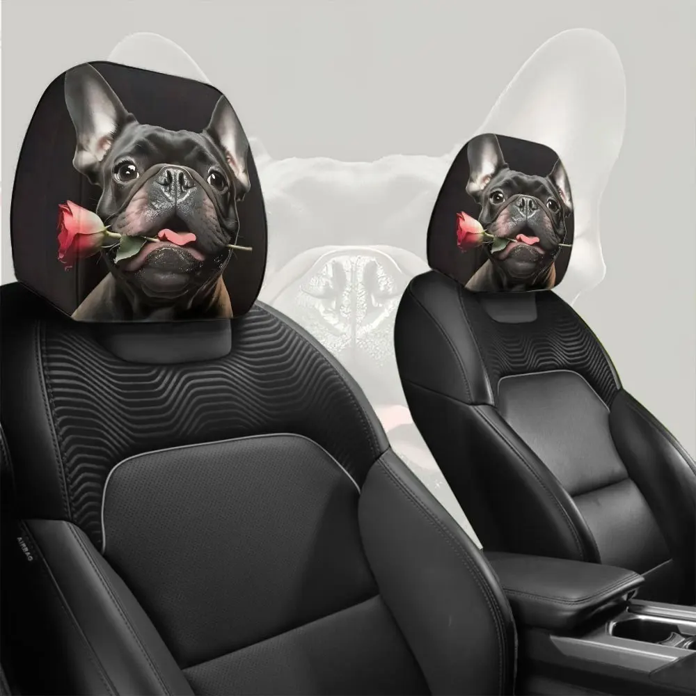 

2PCS French Bulldog rose car headrest covers, washable, car decoration, relieve driving fatigue, seat protection