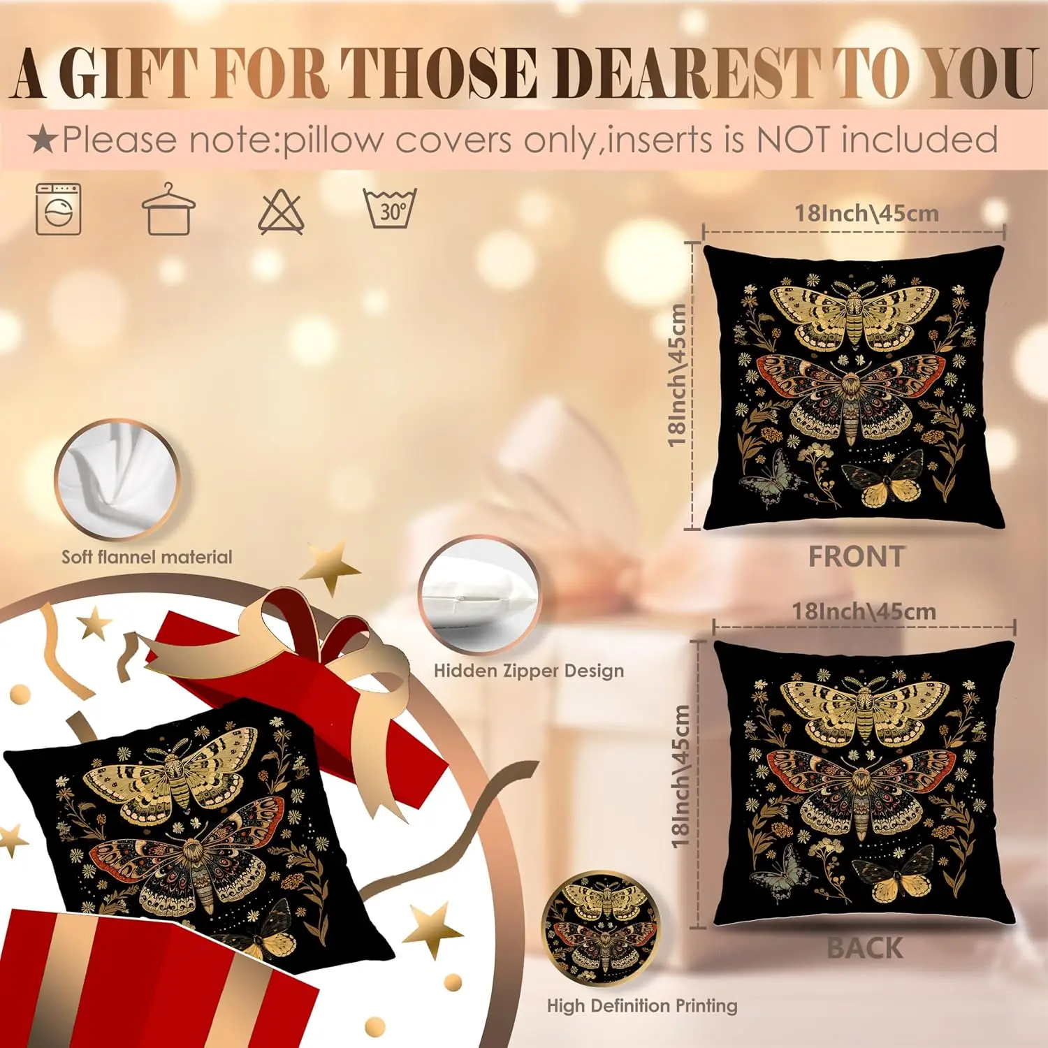 1pcsFloral Gothic Butterfly Pillow Covers 18x18 Double-Sided, Butterfly Room Home Decor, Dark Cottagecore Rustic Flower Botanica