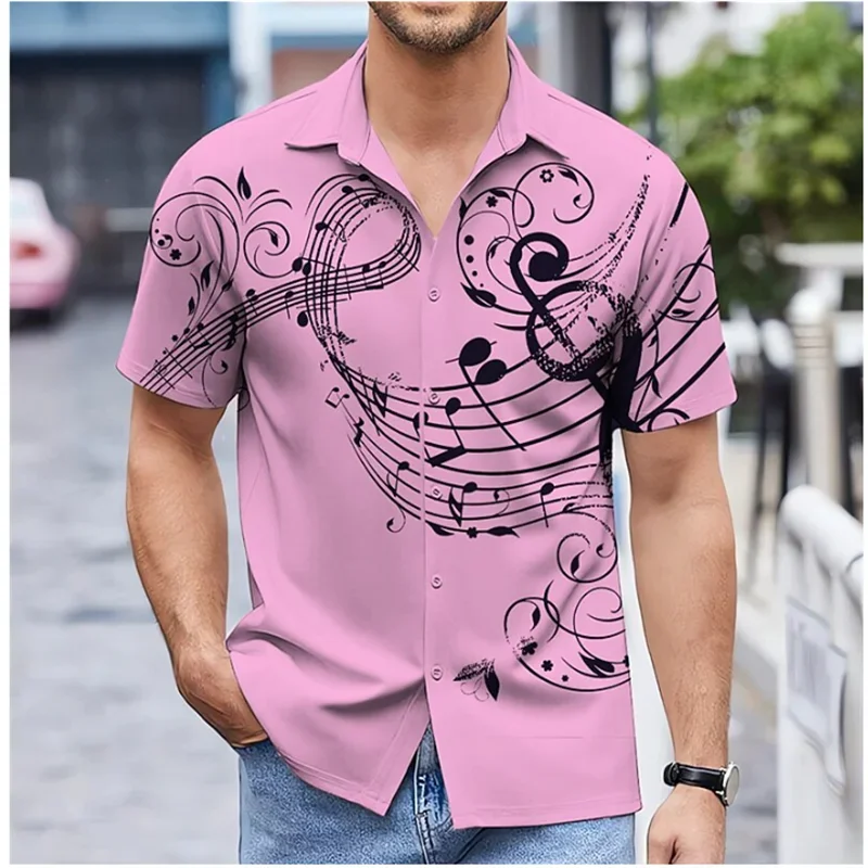 8 Colors New 2023 Men's Shirt Music Note Printing Pink Shirt Outdoor Street Oversized Short Sleeve Fashion Designer Casual Soft