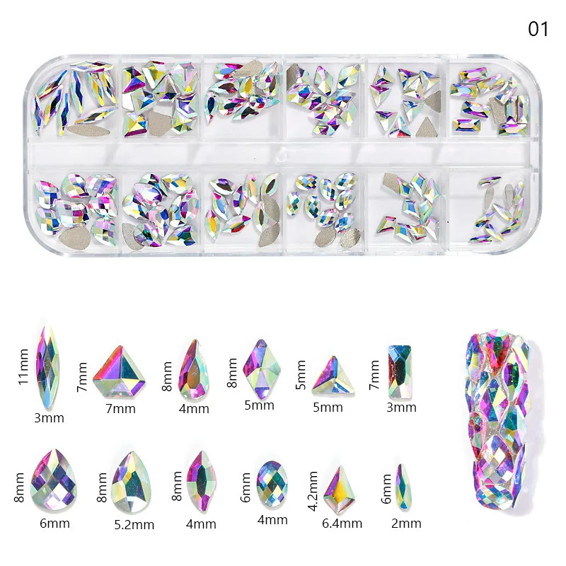 Irregular AB Colorido Rhinestone Nail Art Decoração Kit, 3D Gems Pedras, Crystal Design, DIY Manicure Acessório, 12 Grades