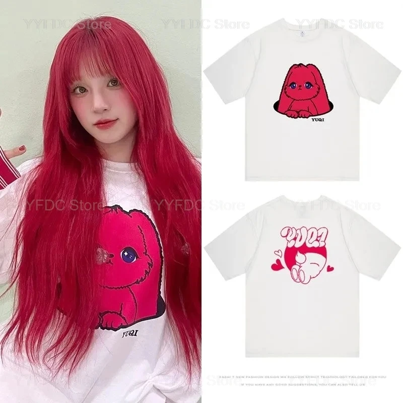 GIDLE Album YUQ1 T-Shirt Kpop YUQI Minnie Same Cotton T Shirt Rabbit Pattern Kawaii Fashion O Neck Tops T Shirt Couples Clothes