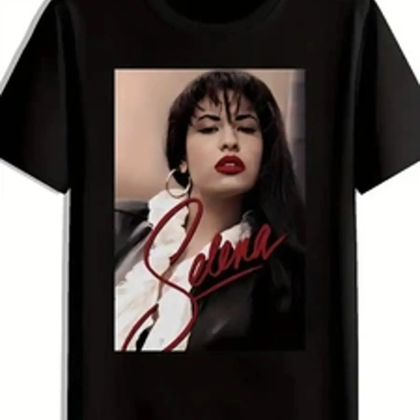 Men'S Casual Black T Shirt with Selena Portrait Print Dark Long Hair Red Lips vintage Washed designer clothes homme fashion