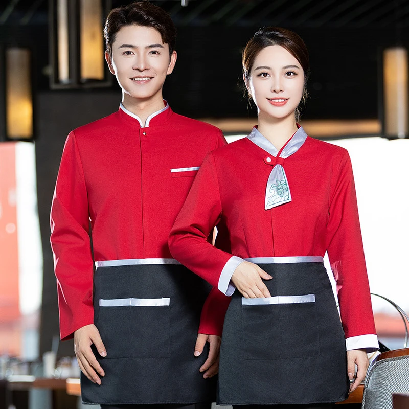 

Женская униформа официантки с цветочным принтом и воротником для китайских ресторанов, отелей, ресторанов и заведений для приготовления хот-пота, с длинными рукавами, на осень.