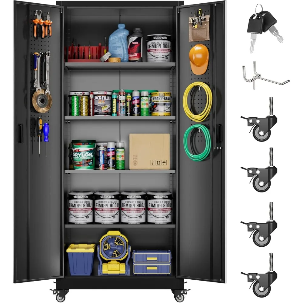 

73''H Metal Garage Storage Cabinet with Pegboard, Rolling Tool Cabinets on Wheels,Steel Locker for Garage Office School Home War