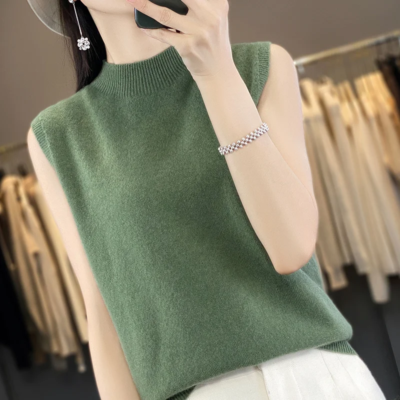 100% Wool Spring and Autumn Half-high Neck Pure Wool Knitted Vest Sleeveless Women's Skinny Wear Bottom Shirt