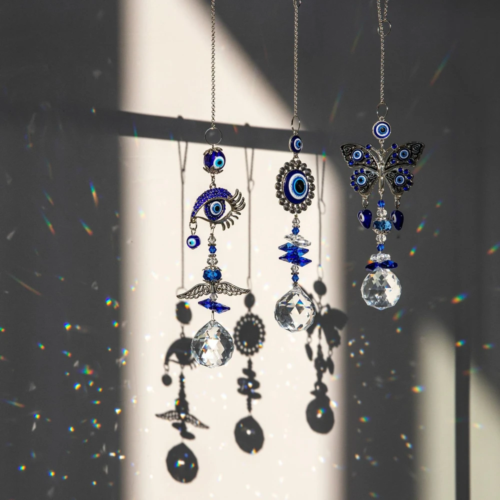 Turkish Blue Evil Eye Crystal Pendant Amulet Lucky Charm Hanging Ornament Home Window Light Shadow Wind Chime Decoration Gift