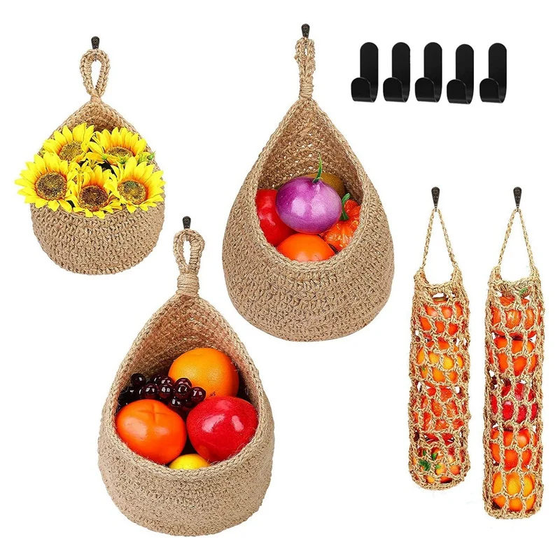 5 Piece Hanging Kitchen Storage Basket Set Brown Jute Rope Pantry Organizer Vegetable Keeper With 5 Hooks