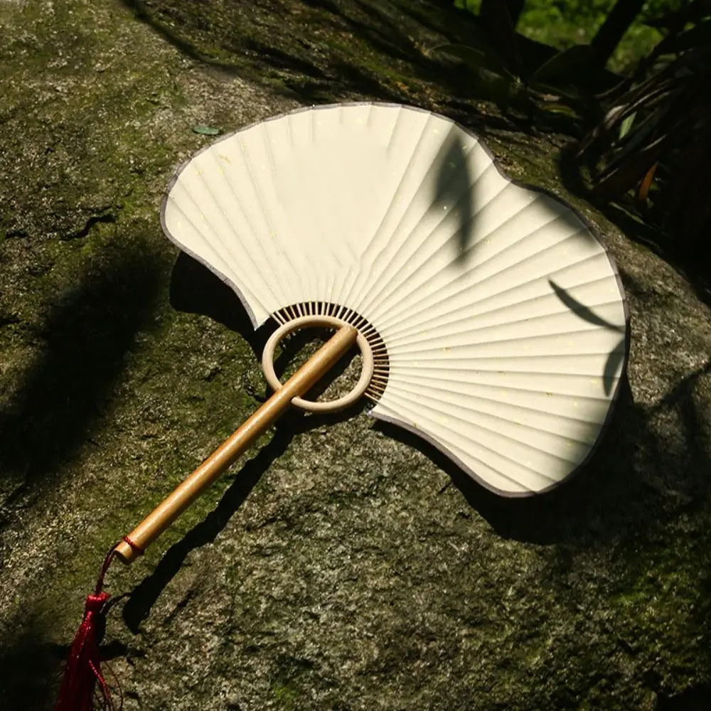 Crafts Double-sided Ginkgo Round Fan Vintage Exquisite Rice Paper Fan Portable Hand Circular Fan Summer Decor