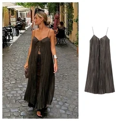 PB&ZA2024 Summer New Women's Fashion temperament casual loose and versatile solid color pleated long suspender dress