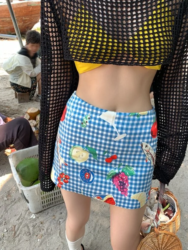 ADAgirl Y2k Fruit Print Mini Skirt Plaid Graphic Above Knee Skirts for Women Summer Fashion Hawaii Beach Style A-line Bottoms