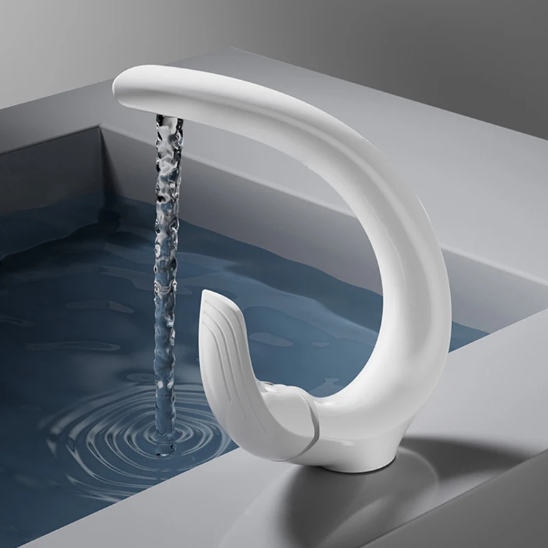 

Glossy White Bathroom Faucet, Solid Brass Unique C-Shaped Single Handle Basin Mixer Tap, Deck Mount Hot Cold Water Lavatory Fauc
