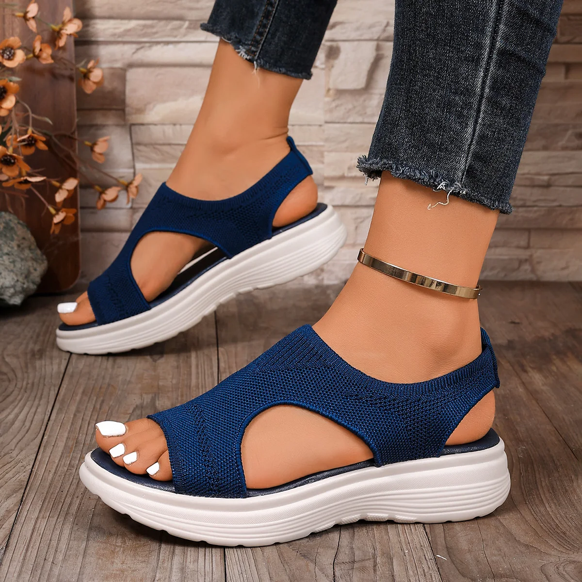 2026 Sommer Damen Keilsandalen Bequeme Freizeit Offene Sport-Sandalen Stretch-Stoff Damen Strand Mesh-Strick Römersandalen