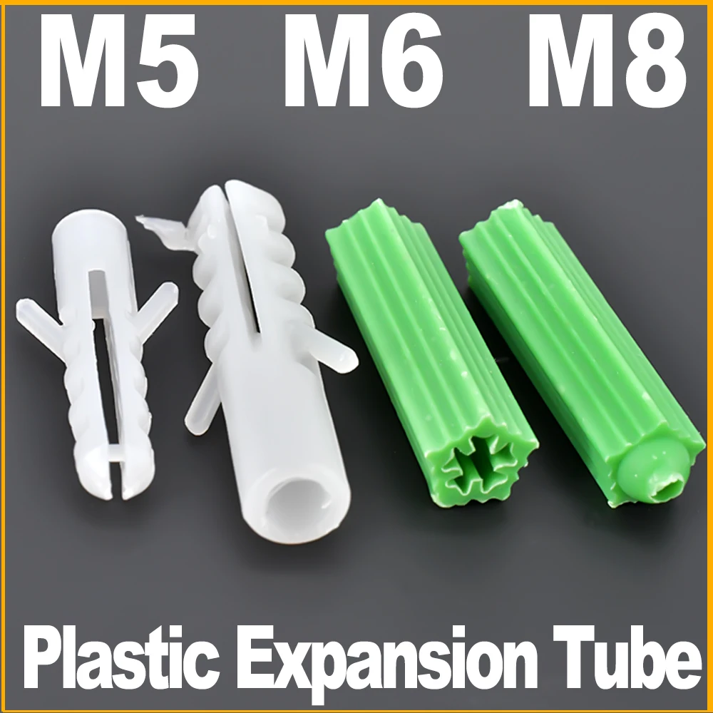 M5 M6 M8 Plastic Expansion Tube Rubber Plug Wall Plastic Pipe Nylon Plunger Expand Screw Anchors Green and White 25/50/75/100PCS