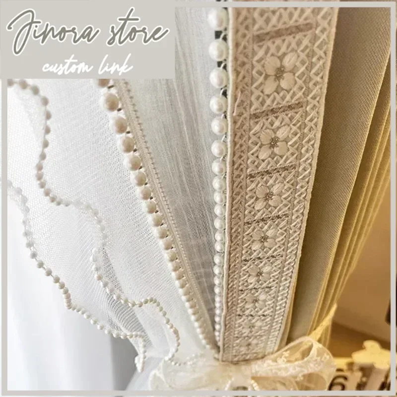 Matcha Green French Retro Embroidery Pearl Lace Chenille Blackout Curtains for Living Room  Bedroom  White Tulle Elegant Decor